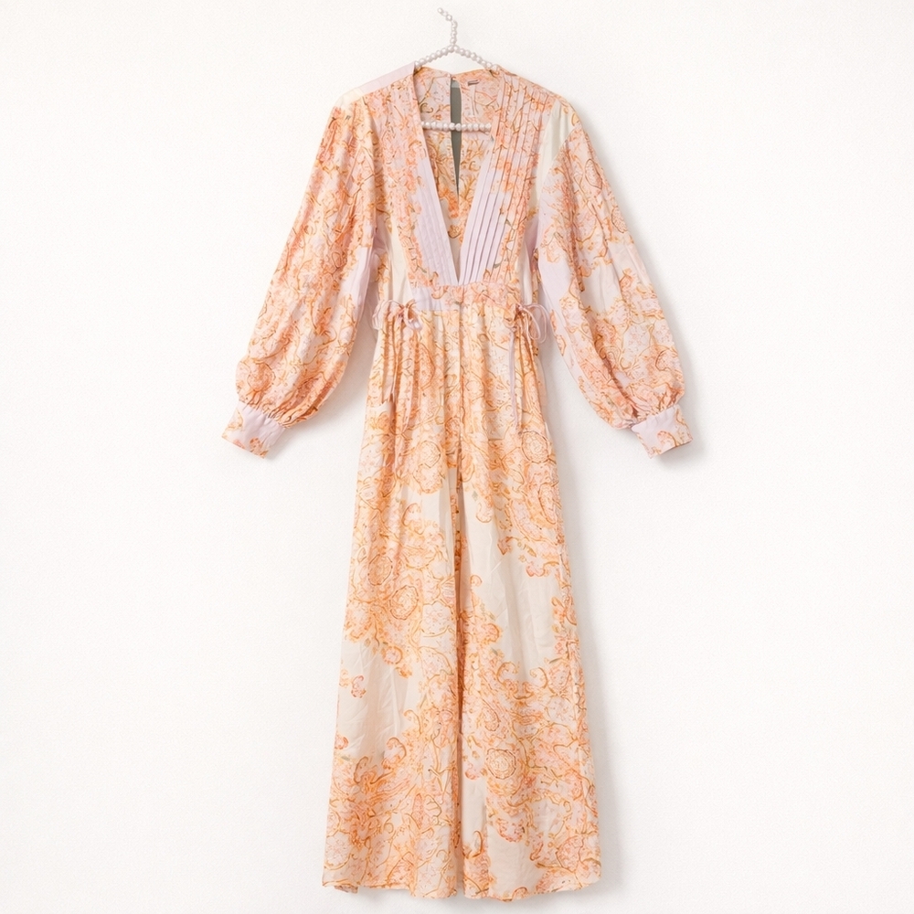Free People Blooming Fields Floral Balloon Sleeve Wide Leg Jumpsuit – Size Sm